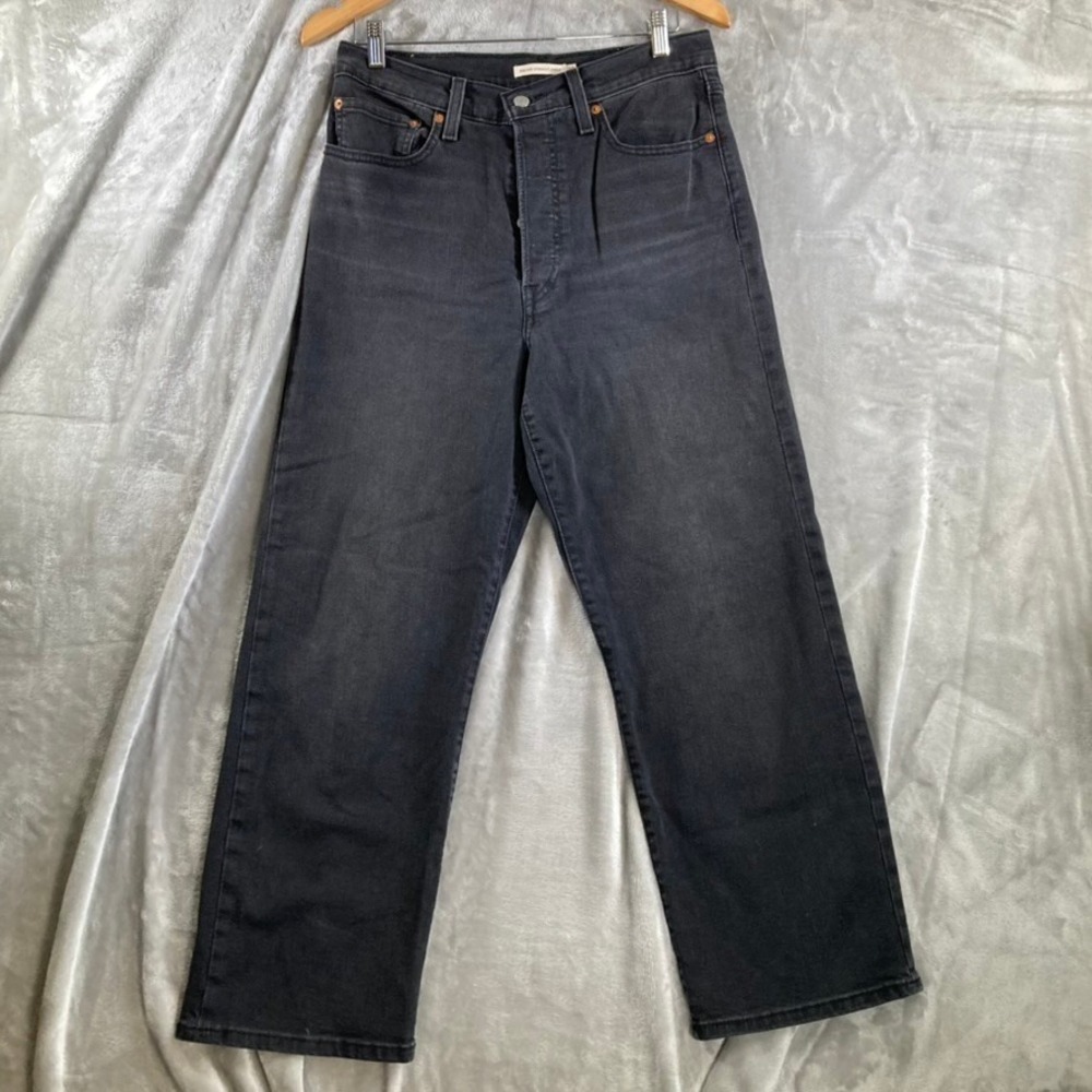 Levis Ribcage Straight Ankle Jeans Womens 30 Black High Rise Button Fly Denim